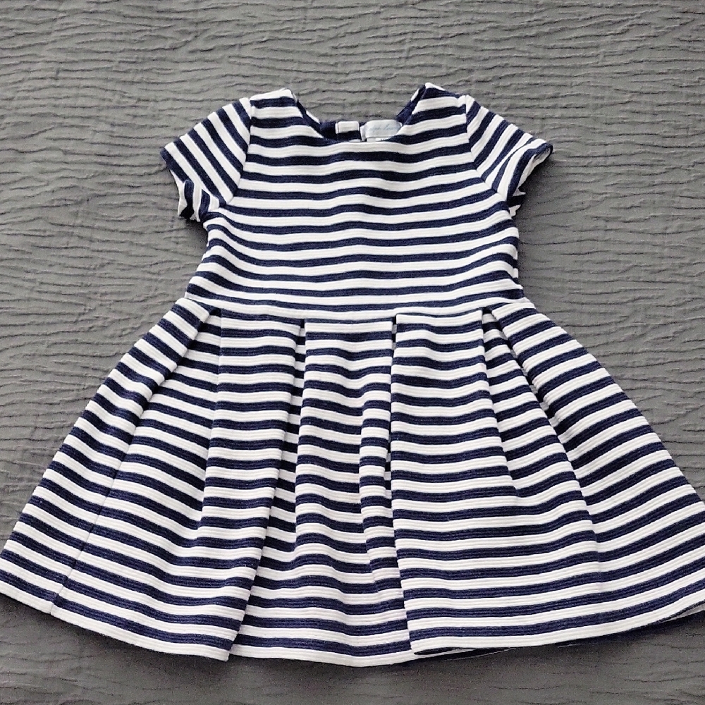 Ralph Lauren Girls Dress Sz 24m Navy Blue White Stripe Pleats Short Sleeves